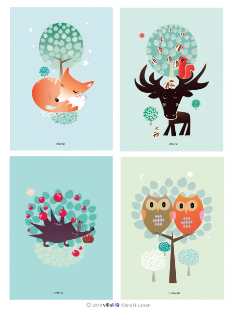 Pakke med 4 stk kort - skovens dyr Pakke med 4 stk kort - skovens dyr