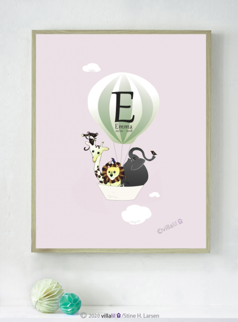Navneplakat m. bogstav - dyr i luftballon Navneplakat m. bogstav - dyr i luftballon